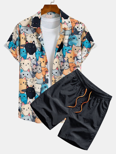 Imran® | Cartoon Cat Print Button Up Shirt & Drawstring Swim Shorts