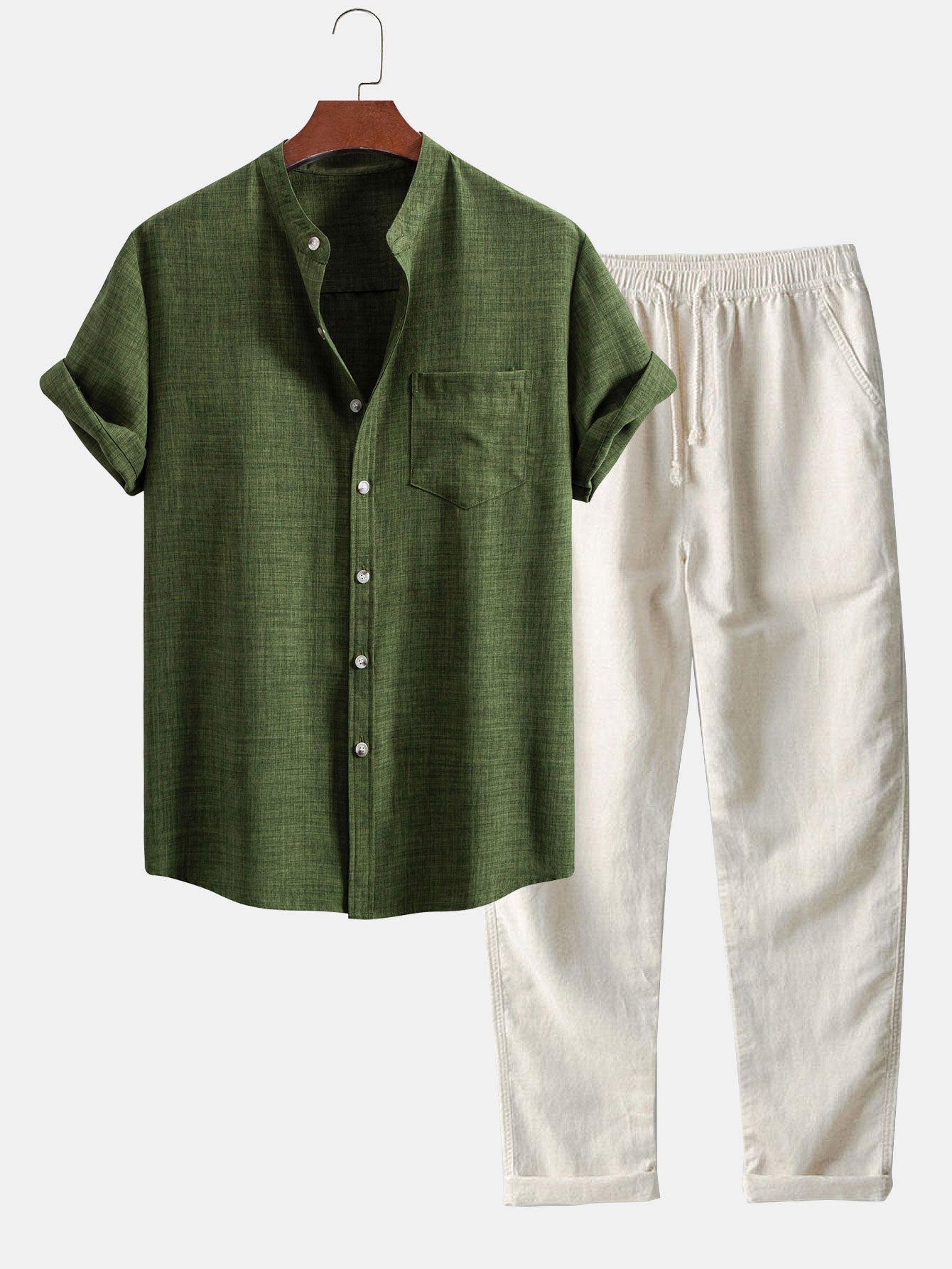 Adham® | Short Sleeve Stand Collar Shirt & Straight Leg Linen Pants