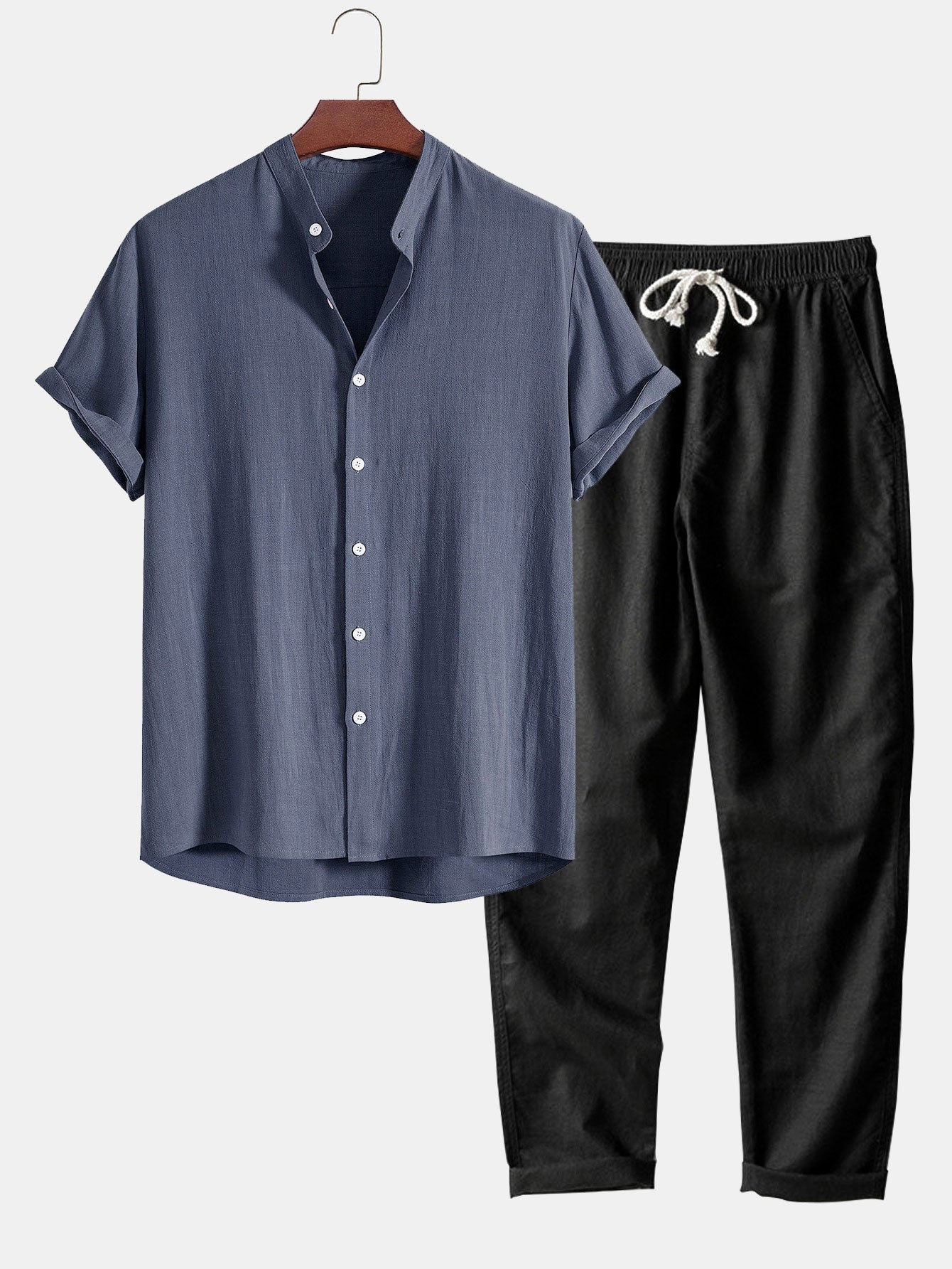 Perfecto® | Linen And Rayon Blend Stand Collar Shirt & Straight Leg Linen Pants