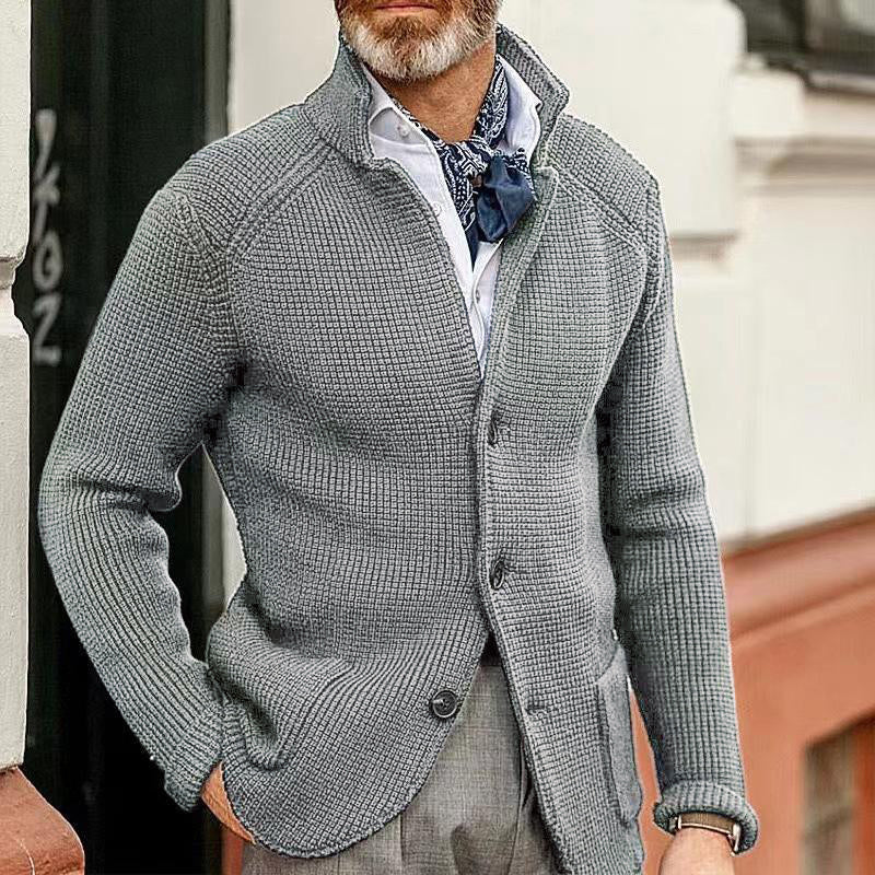 Men's Casual Stand Collar Single Breasted Patch Pocket Knit Blazer