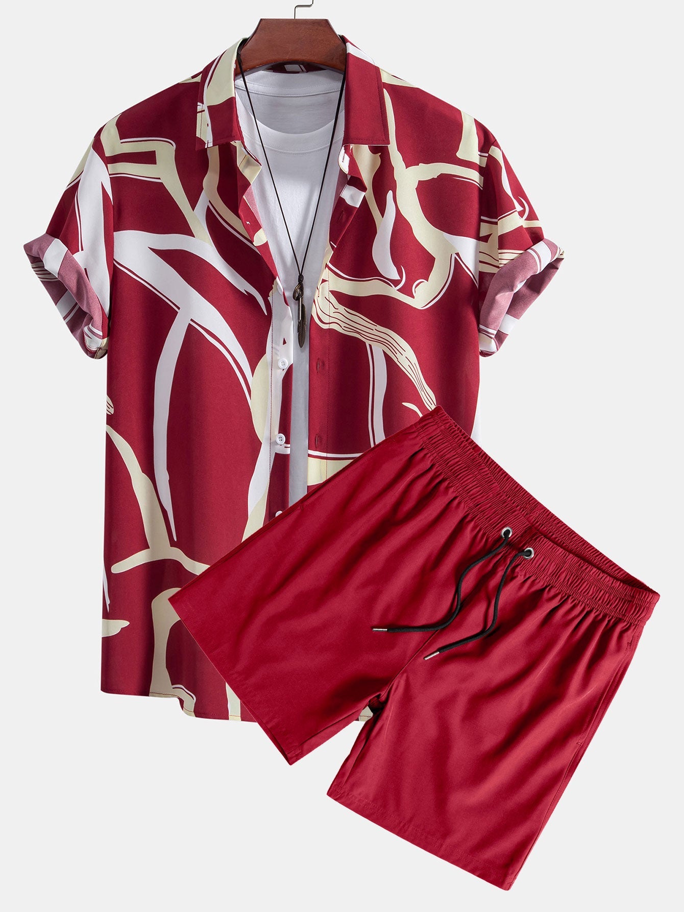 Todd® | Abstract Print Button Up Shirt & Solid Drawstring Swim Shorts
