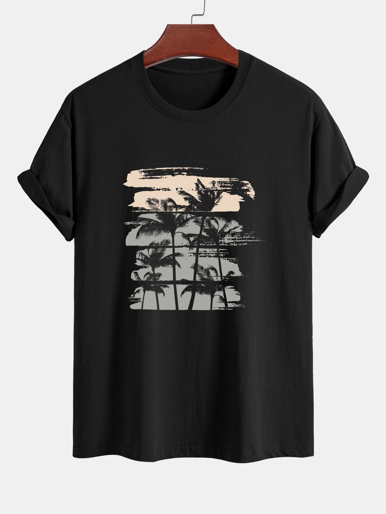 Diotrephes® | Beige Palm Tree Silhouette Print Cotton T-Shirt