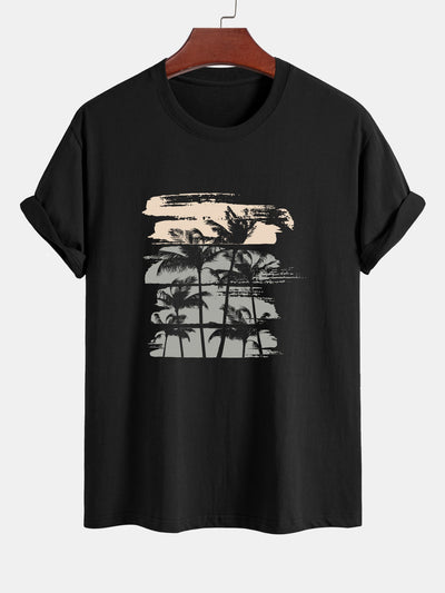 Diotrephes® | Beige Palm Tree Silhouette Print Cotton T-Shirt