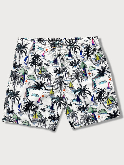 Bartolomé® | Linen Rayon Blend Button Up Shirt & Palm Tree Sailboat Print Swim Shorts
