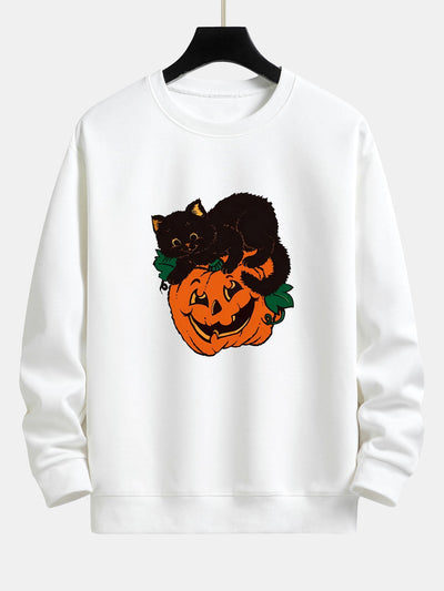 Benicio® | Pumpkin Black Cat Print Relax Fit Sweatshirt
