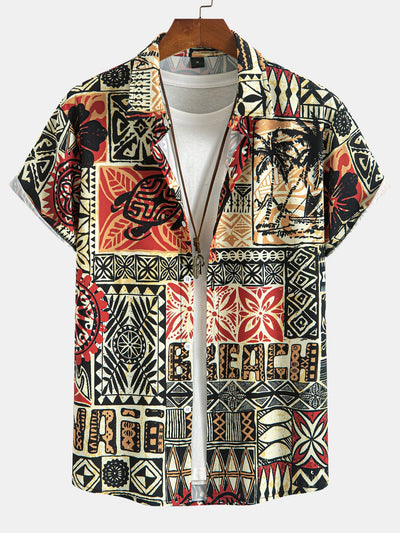 Alwin® | Palm Tree Turtle Ethnic Geometry Print Button Up Shirt