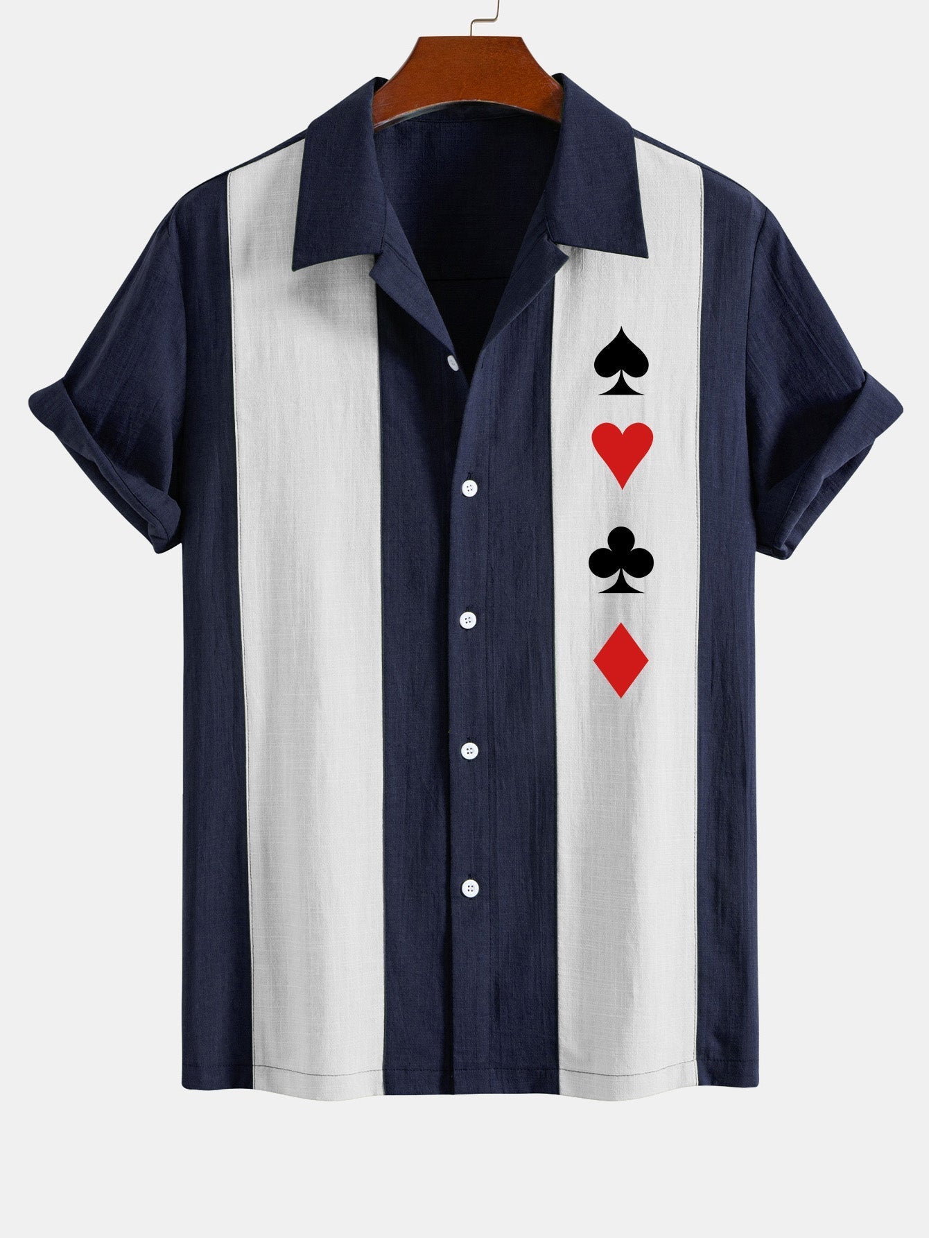 Laudelino® | Poker Print Linen Look Patchwork Bowling Shirt
