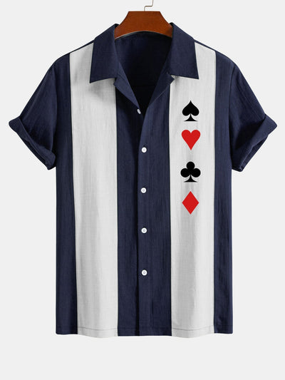 Laudelino® | Poker Print Linen Look Patchwork Bowling Shirt