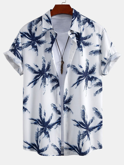Evaristo® | Palm Tree Print Button Up Shirt & Man Mid Length Drawstring Swim Shorts