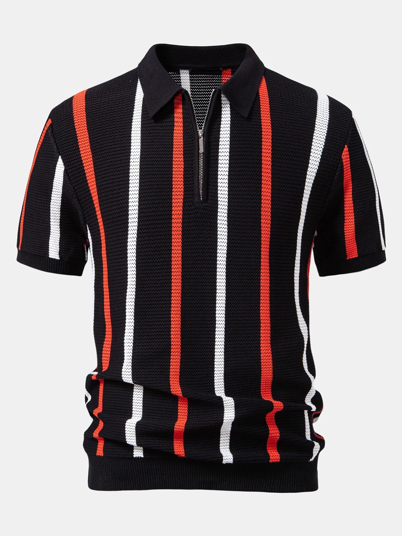 Isaac | Striped Knit Zip Up Polo Shirt