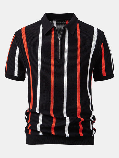 Isaac | Striped Knit Zip Up Polo Shirt