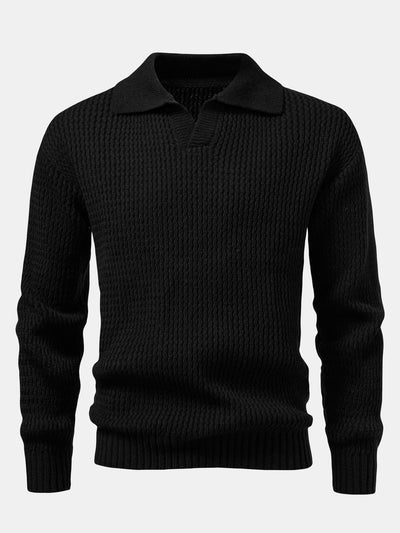 Ademar® | Long Sleeve Wave Jacquard Knit V Neck Polo Shirt
