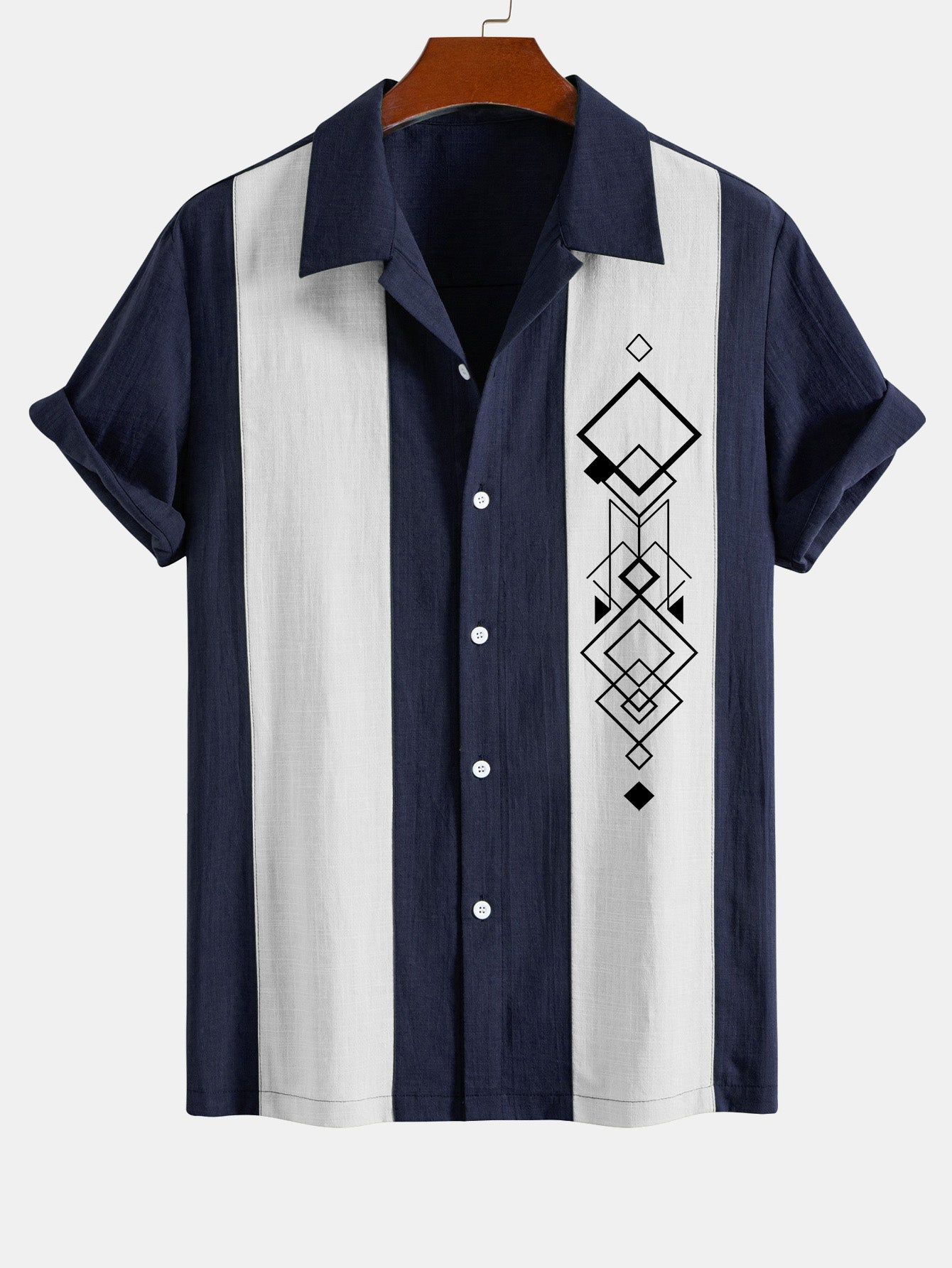 Atwell® | Geometric Rhombus Print Linen Look Patchwork Bowling Shirt