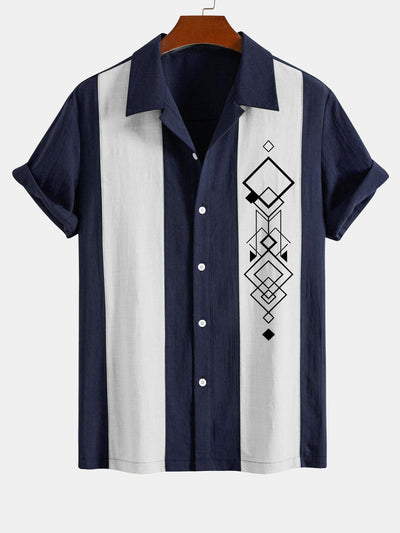 Atwell® | Geometric Rhombus Print Linen Look Patchwork Bowling Shirt