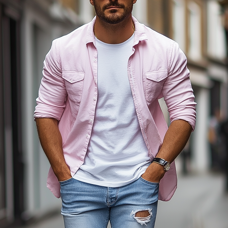 Roman | Men'S Basic Solid Color Cotton Blend Long Sleeve Shirt