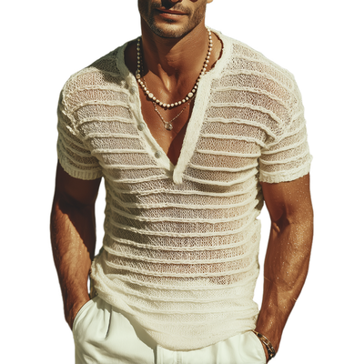 Ron | Men'S Summer Fashion V-Neck Striped Jacquard Knitted Short Sleeve T-Shirt