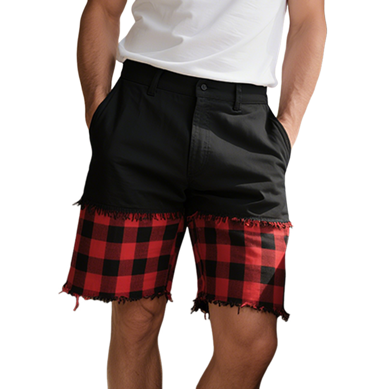 Octavio | Men'S Spring And Summer Casual American Western Style Cotton Blended Stitching Plaid Raw Edge Shorts