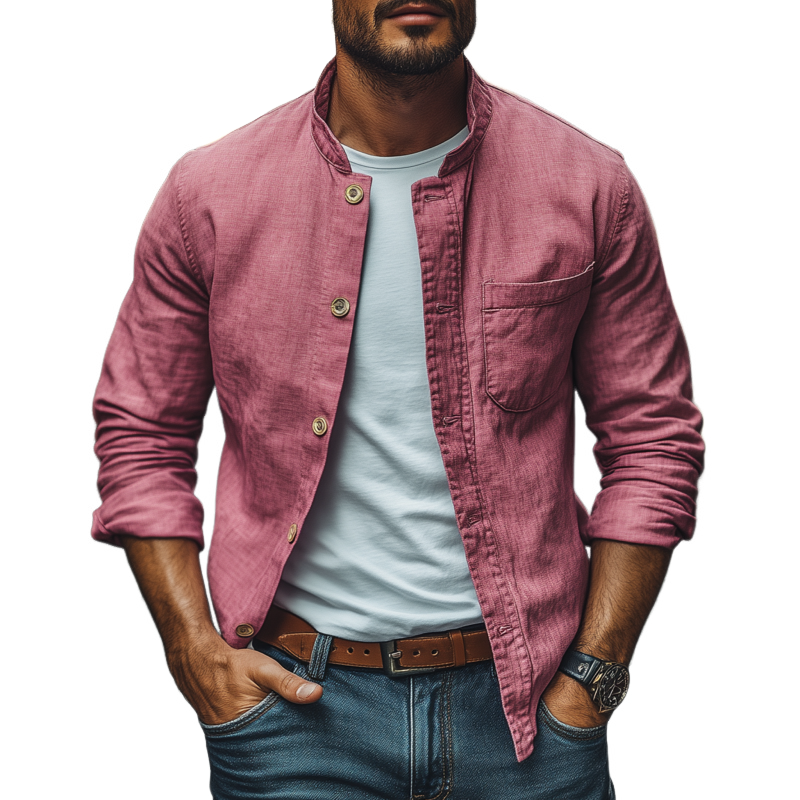 Thad | Men'S Casual Breathable Cotton Stand Collar Single Breasted Patch Pocket Loose Long Sleeve Shirt