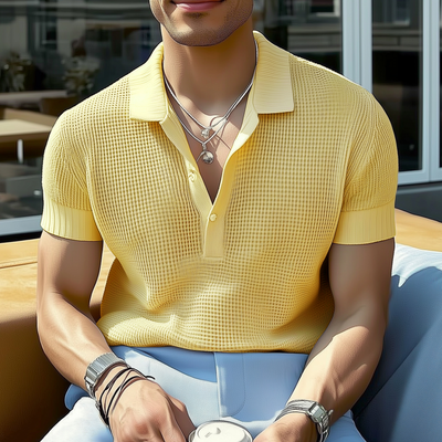 Santiago | Men'S Casual Solid Color Breathable Lapel Loose Knitted Short-Sleeved Polo Shirt