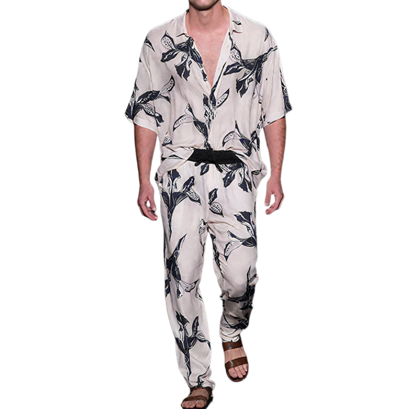 Eli | Men'S Spring And Summer Fashion Casual Satin Printed Short Sleeve Shirt Elastic Waist Pants Set