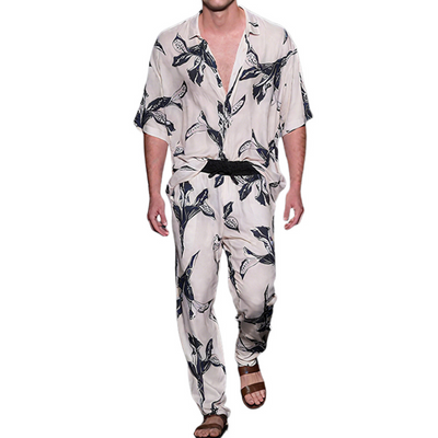 Eli | Men'S Spring And Summer Fashion Casual Satin Printed Short Sleeve Shirt Elastic Waist Pants Set