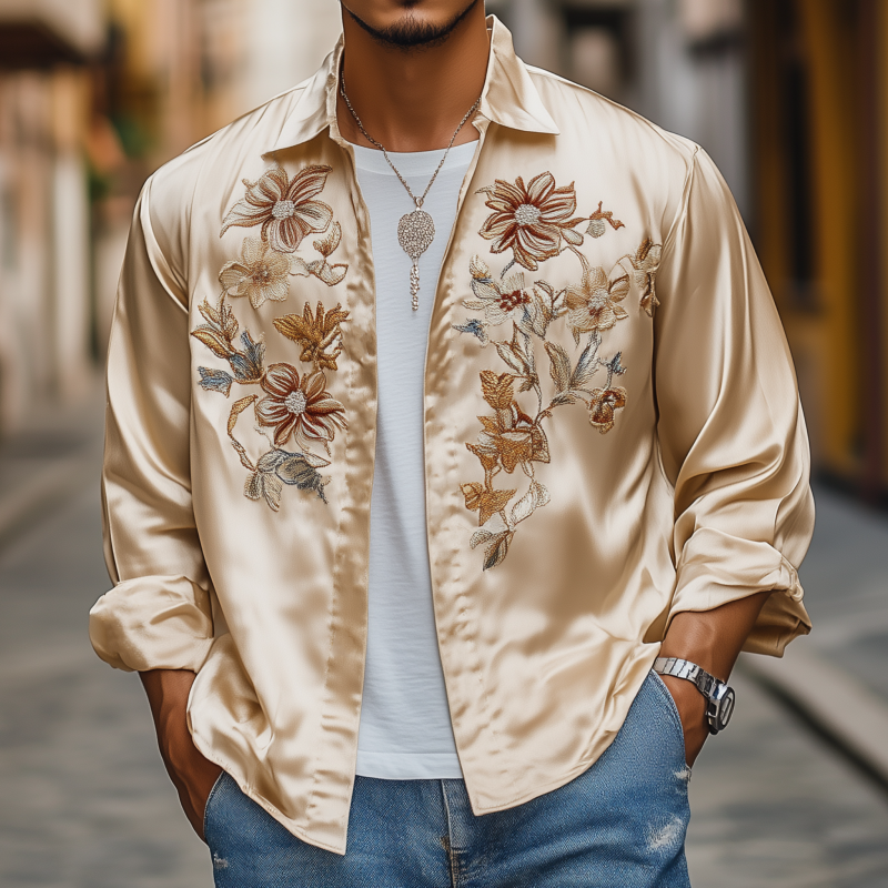 Harrison | Men'S Vintage Elegant Flower Embroidery Satin Lapel Stand Collar Loose Long Sleeve Shirt