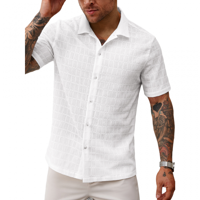 Guy | Men'S Casual Lace Pleated Texture Lapel Slim Short Sleeve Shirt