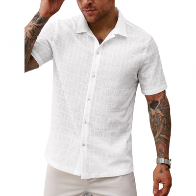 Guy | Men'S Casual Lace Pleated Texture Lapel Slim Short Sleeve Shirt