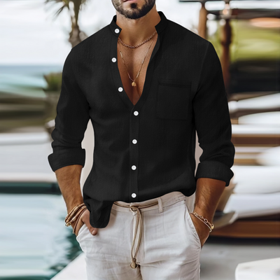 Rufus | Men'S Casual Breathable Solid Color Cotton Linen Stand-Up Collar Patch Pocket Slim Fit Long Sleeve Shirt