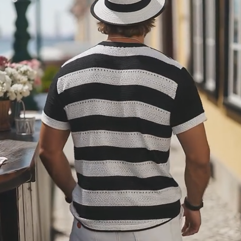 Max | Men'S Summer Fashion Casual V-Neck Knitted Black And White Horizontal Stripes Letter Embroidered Short-Sleeved T-Shirt