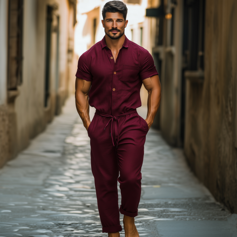 Craig | Men'S Casual Breathable Cotton And Linen Lapel Patch Pocket Short-Sleeved Pants Jumpsuit