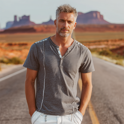 Duane | Men'S Spring And Summer Fashion Cotton Blended Shoulder Decoration Rivet Henley Neck Short Sleeve T-Shirt