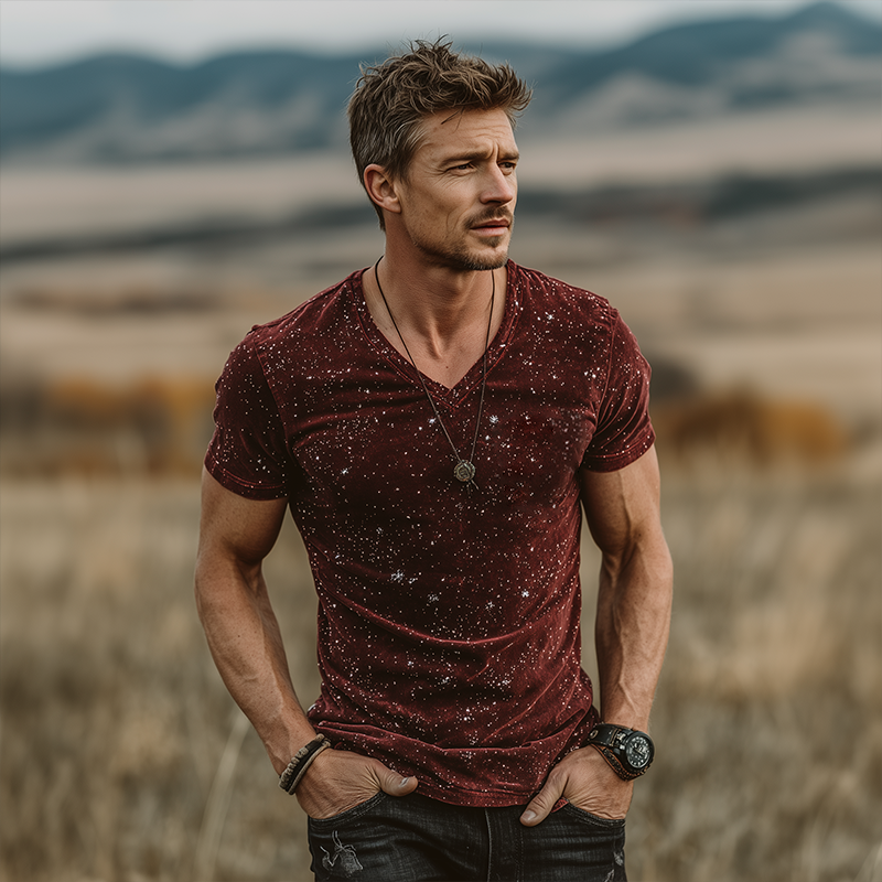 Hugh | Men'S Retro Casual Star Print Velvet V-Neck Short Sleeve T-Shirt