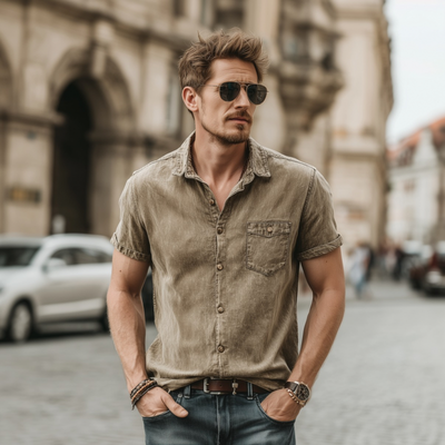 Dan | Men'S Casual Outdoor Denim Washed Distressed Lapel Patch Pocket Slim Fit Short-Sleeved Shirt