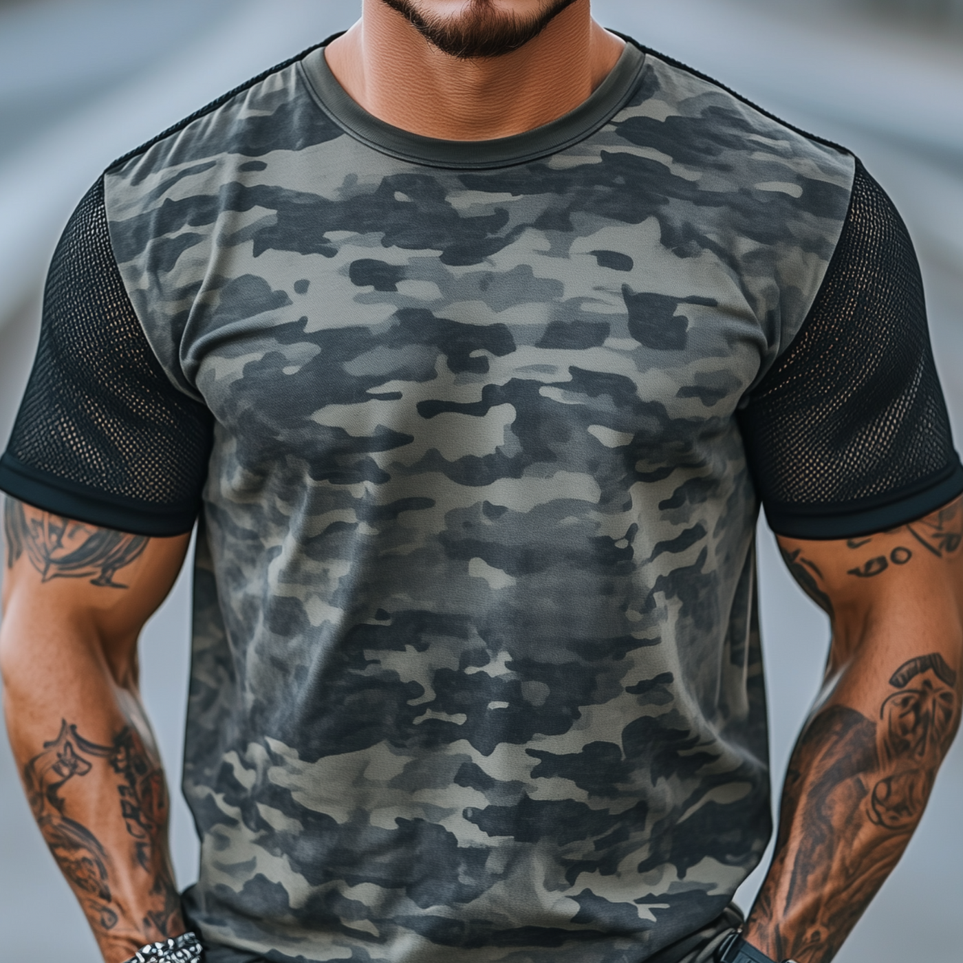 Stacy | Men'S Spring And Summer Casual Round Neck Camouflage Cotton Blended Splicing Mesh Short-Sleeved T-Shirt