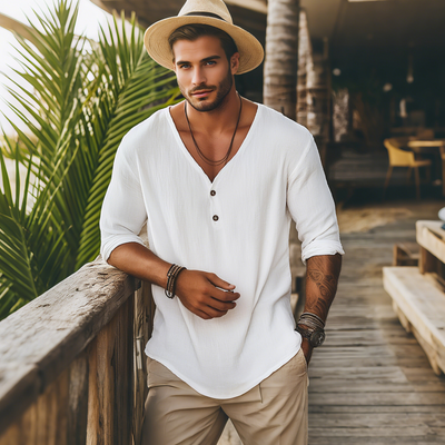 Anthony | Men'S Casual Solid Color Breathable Cotton Linen V-Neck Loose Long-Sleeved T-Shirt
