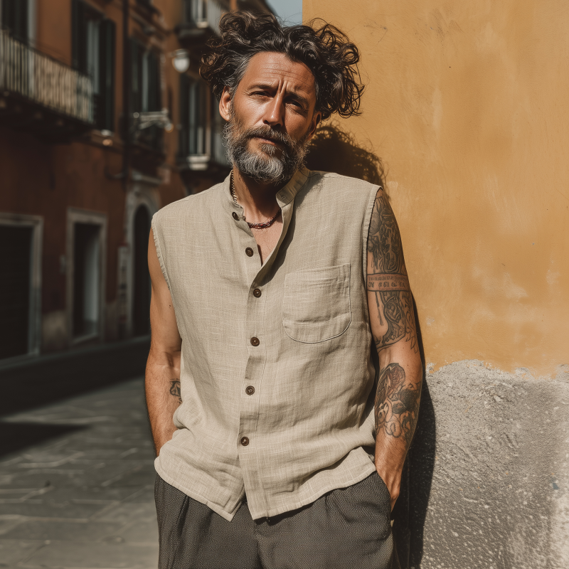 Terrance | Men'S Casual Breathable Linen Stand Collar Patch Pocket Loose Sleeveless Shirt