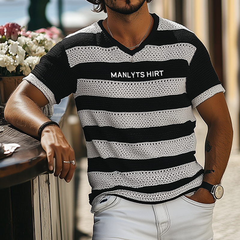 Max | Men'S Summer Fashion Casual V-Neck Knitted Black And White Horizontal Stripes Letter Embroidered Short-Sleeved T-Shirt