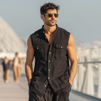 Blake | Men'S Casual Solid Color Cotton Stand Collar Lace Hem Patchwork Single Breasted Slim Fit Sleeveless Shirt