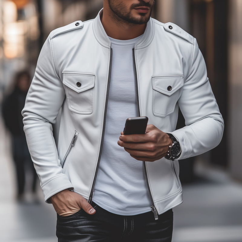 Mauricio | Men'S Casual Solid Color Faux Leather Stand Collar Zipper Multi-Pocket Slim Fit Motorcycle Jacket