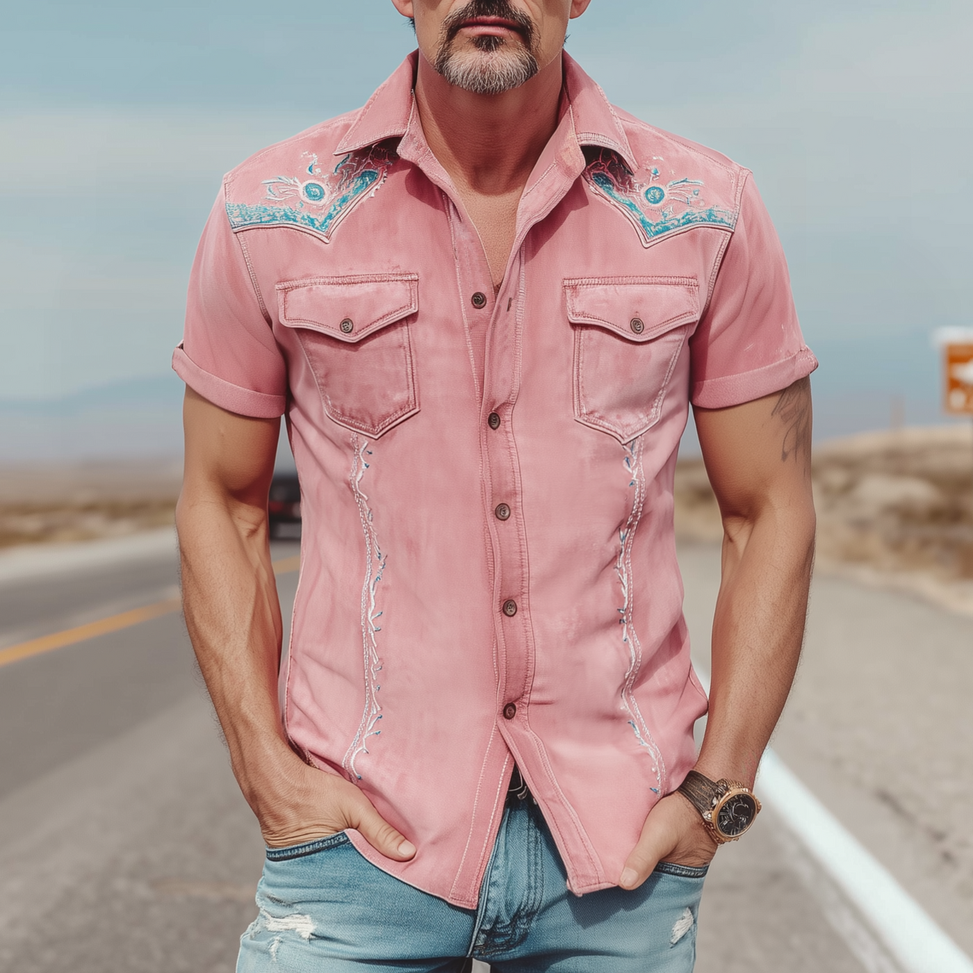 Victor | Men'S Spring And Summer Fashion Casual Thin Suede Embroidered Slim Short Sleeve Shirt