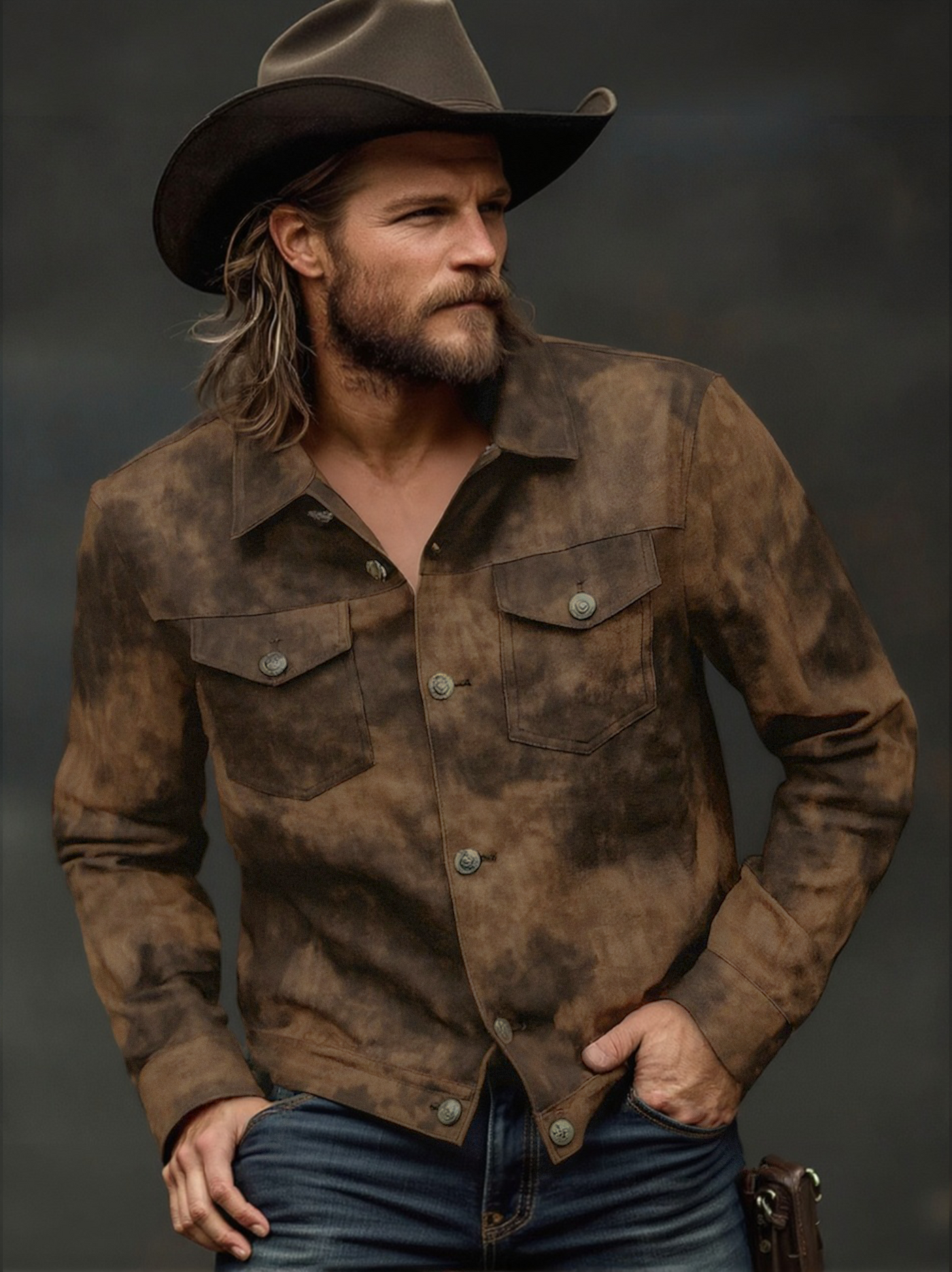 Men's Vine Distressed P Leather Lapel Jacket