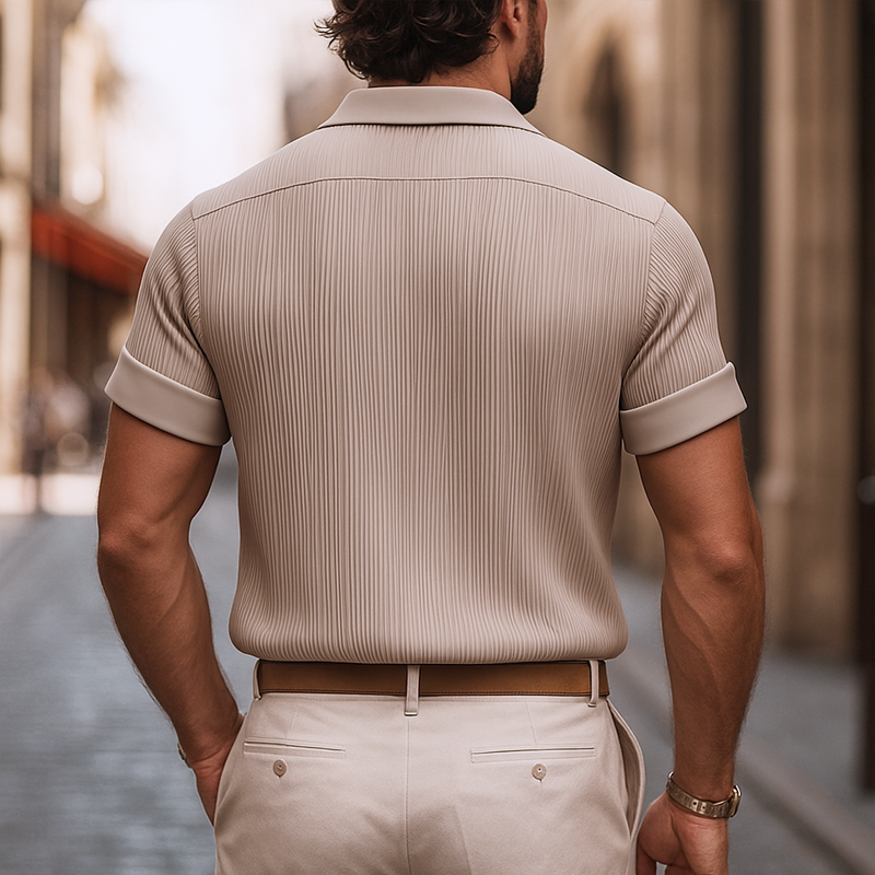 Men's Solid Satin Pleated Lapel Short Sleeve ShirtZ