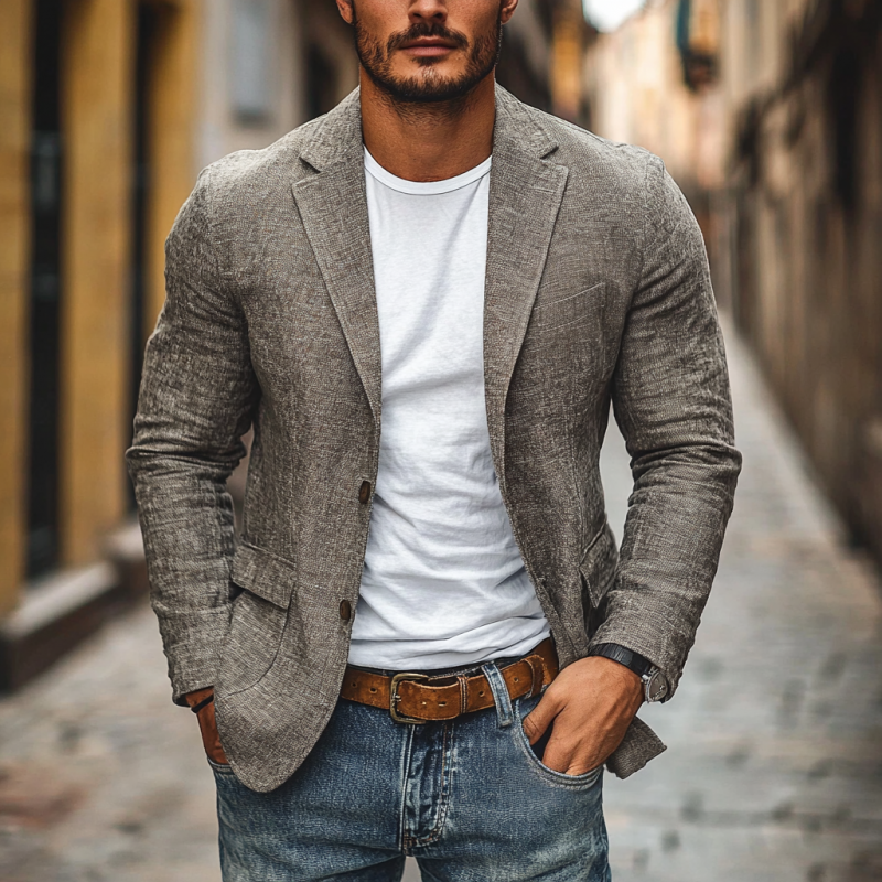Men's Casual Cotton Linen Notch Lapel Single-breasted Slim-fit Blazer