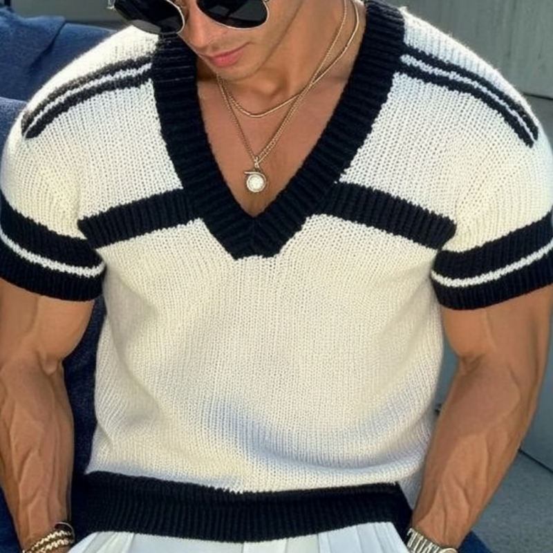 Men's Casal V-neck Striped Jacqard SliFitnitted Short-sleeved Sweater T-Shirt