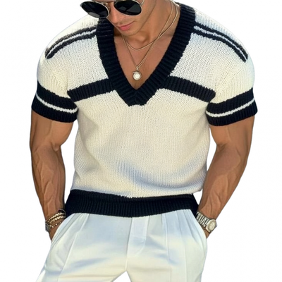 Men's Casal V-neck Striped Jacqard SliFitnitted Short-sleeved Sweater T-Shirt