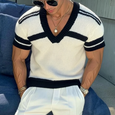 Men's Casal V-neck Striped Jacqard SliFitnitted Short-sleeved Sweater T-Shirt