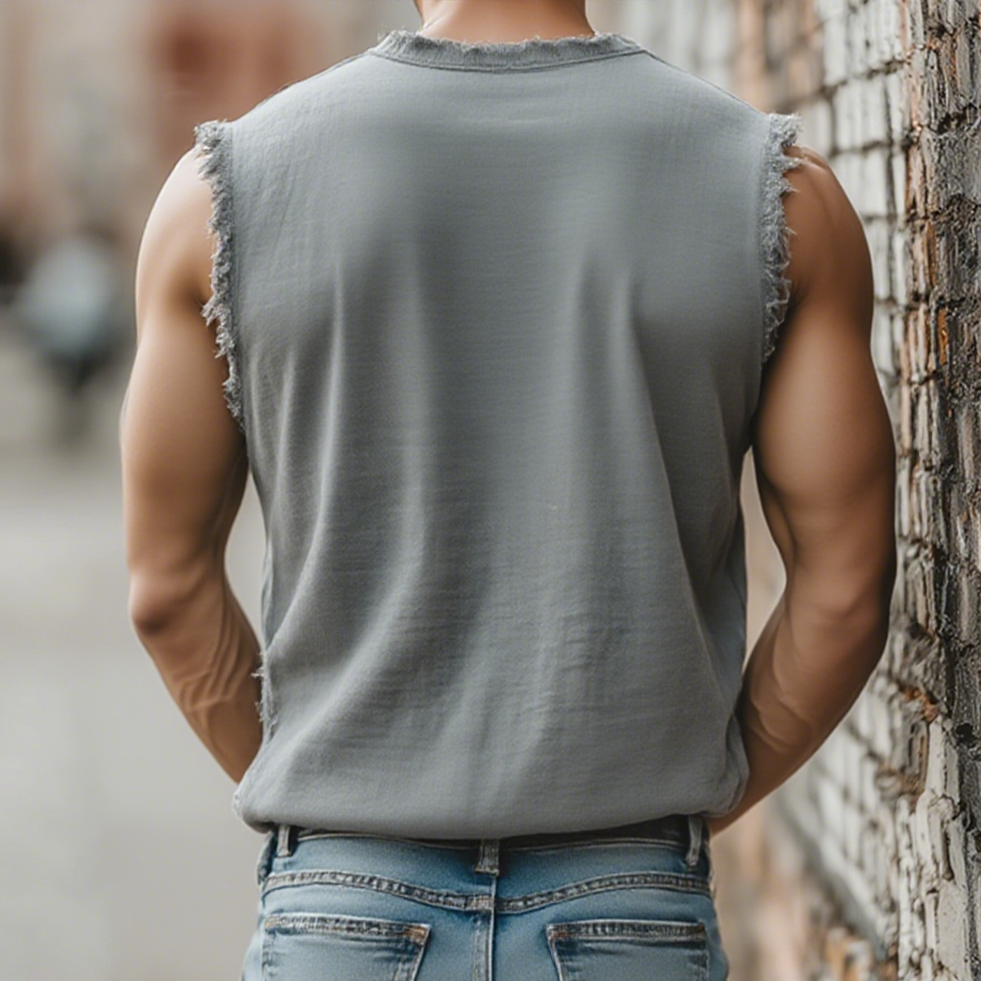 Leo | Men'S Summer Casual Tough Style Henley Collar Cotton Blended Raw Edge Ripped Tank Top