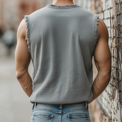 Leo | Men'S Summer Casual Tough Style Henley Collar Cotton Blended Raw Edge Ripped Tank Top