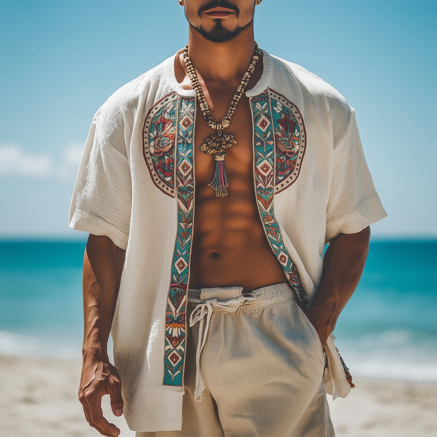 Devon | Men'S Summer Fashion Holiday Style Embroidered Cotton And Linen Short-Sleeved Open Shirt